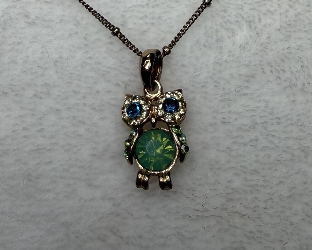 Gold Tone Blue Green Crystal Owl Pendant Necklace Dainty Beaded Chain